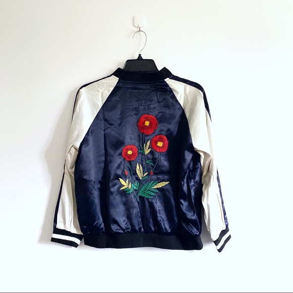 Jackets & Blazers - Flower Japanese embroidered satin varsity bomber jacket
